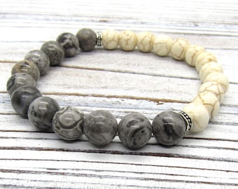 Jasper Natural Map Stone, Howlite Beads 8mm Bracelet, Picasso Jasper Stone Men's Bracelet, Women's Bracelet, Men's Jewelry, Gift for Men