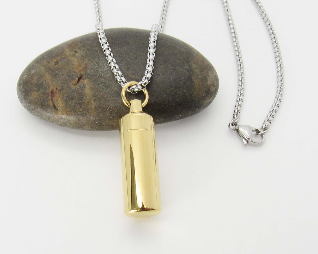 Gold Stainless Steel Pill Bottle Necklace, Pill Locket With Screw Lid, Cremation Urn Locket, Men