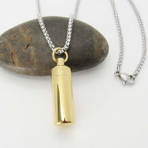 Gold Stainless Steel Pill Bottle Necklace, Pill Locket with screw lid, Cremation Urn Locket, Men&#39;s Necklace, Women&#39;s Necklace, Stash Locket