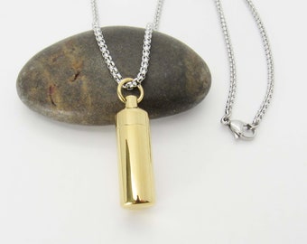 Gold Stainless Steel Pill Bottle Necklace, Pill Locket with screw lid, Cremation Urn Locket, Men's Necklace, Women's Necklace, Stash Locket