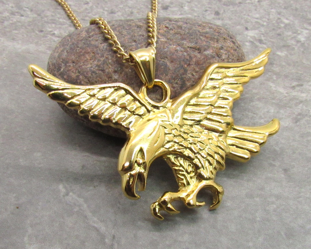 Large Gold Eagle Pendant Necklace, Men's Necklace, Stainless Steel