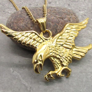 Large Gold Eagle Pendant Necklace, Men&#39;s Necklace, Stainless Steel Freedom Eagle Pendant Necklace, Nature Jewelry, Woman&#39;s Necklace