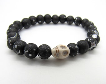 Wood Beads Bracelet, Skull Bead Bracelet, Halloween Bracelet, Men's Bracelet, Women's Bracelet, Halloween Costume Jewelry