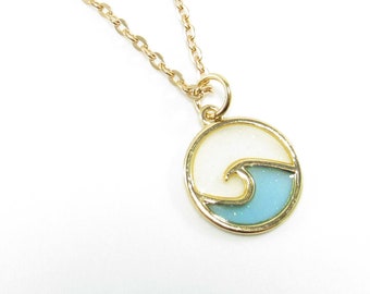 Ocean Wave Design Charm Necklace, Gold Toned Wave Enamel Pendant, Nature Pendant, Men's Necklace, Men's Jewelry, Women's Necklace