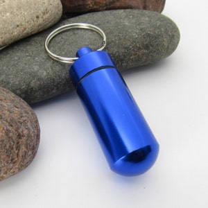 Blue Aluminum Column Pill Bottle Key Ring, Pill Bottle Key Ring, Water Tight Screw Top Container, Camping Supply, Stash Container