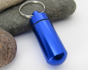 Blue Aluminum Column Pill Bottle Key Ring, Pill Bottle Key Ring, Water Tight Screw Top Container, Camping Supply, Stash Container