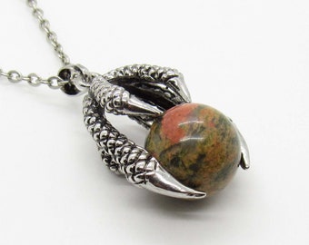 Eagle Claw Pendant with Natural Unakite Jasper Gemstone Bead Necklace, Men's Necklace, Women's Necklace, Gemstone Pendant, Tribal Jewelry