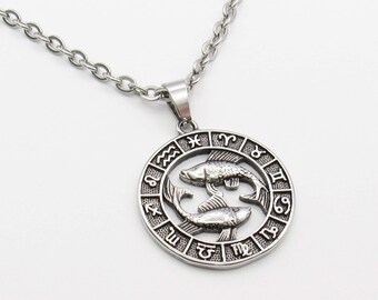 Pisces Zodiac Sign Pendant Necklace, Men's Necklace, Astrological Pendant, Men's Jewelry, Stainless Steel Jewelry, Woman's Necklace