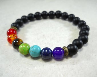 Black Stone 8mm Chakra Bracelet with Multi Color Beads, Men's Bracelet, Women's Bracelet, Fashion Bracelet, Men's Jewelry, Women's Jewelry