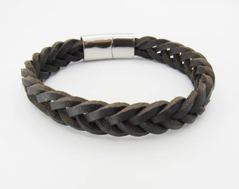 Dark Coffee Leather Braided Cord Bracelet, 304 Stainless Steel Magnetic Clasp, Men's Leather Bracelet, Women's Bracelet