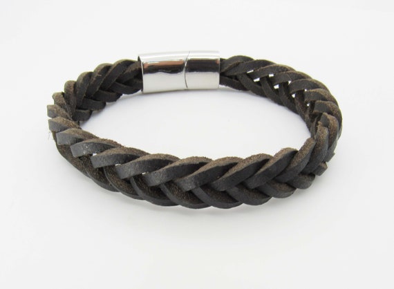 Dark Coffee Leather Braided Cord Bracelet 304 Stainless Steel