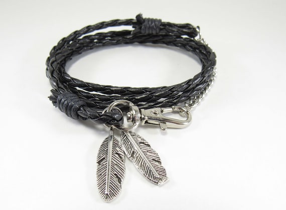Black Faux Leather Braided Multi wrap Bracelet Sliver Feather