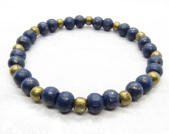 Blue Wood and Bronze Beads Bracelet, Men's Bracelet, Hinoko Beads Stretch Bracelet, Men's Jewelry, Women's Jewelry, Boho Jewelry