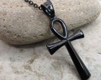 Gunmetal Black Stainless Steel Ankh Pendant, Hypo Allergenic Jewelry, Spiritual Jewelry, Men's Necklace, Men's Jewelry, Woman Necklace