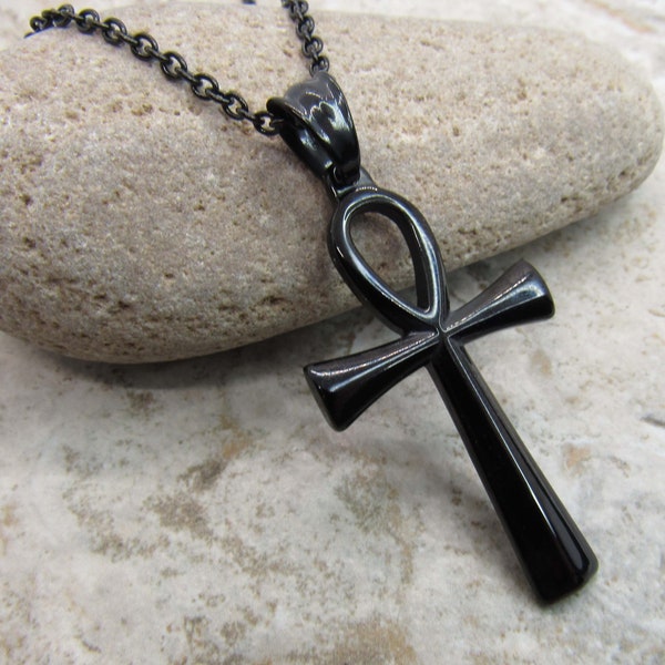 Colgante Ankh de acero inoxidable negro metalizado, joyería hipoalergénica, joyería espiritual, collar para hombre, joyería para hombre, collar para mujer