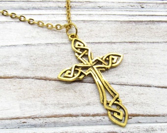 Antique Gold Tone Celtic Knot Pendant Necklace, Celtic Cross Jewelry, Men's Necklace, Irish Knot Necklace, Women's Necklace, Celtic Knot