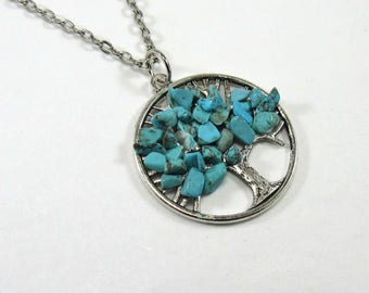 Druzy Tree of Life Pendant, Turquoise Crystal Chips Pendant, Chakra Necklace, Healing Crystal, Turquoise Gemstone Necklace, Women's Necklace