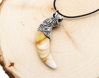 Tiger Head Antique Silver Multi Color Resin Tooth Pendant Necklace, Animal Necklace, Men's Necklace, Resin Tiger Tooth, Men's Jewelry