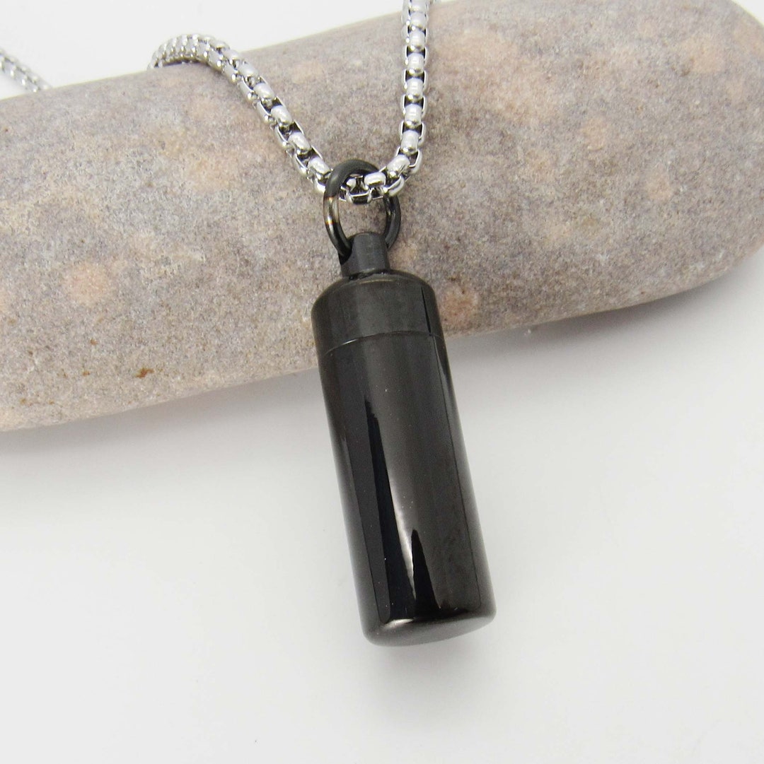 Stainless Steel Black Pill Bottle Necklace, Pill Locket With Screw Lid, Cremation Urn Locket
