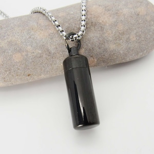 Stainless Steel Black Pill Bottle Necklace, Pill Locket with screw lid, Cremation Urn Locket, Men's Necklace, Women's Necklace, Stash Locket