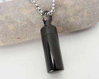 Stainless Steel Black Pill Bottle Necklace, Pill Locket with screw lid, Cremation Urn Locket, Men's Necklace, Women's Necklace, Stash Locket