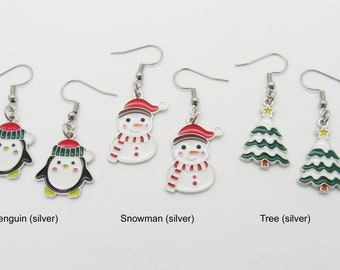 Christmas Holiday Earrings, Hypo Allergenic Ear Hoops, Holiday Fashion Jewelry, Penguin Earrings, Snowman, Tree Earrings