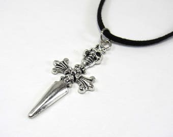 Skull Cross Pendant Necklace, Antique Silver Tone, Urban Street Fashion, Men's Necklace, Women's Necklace