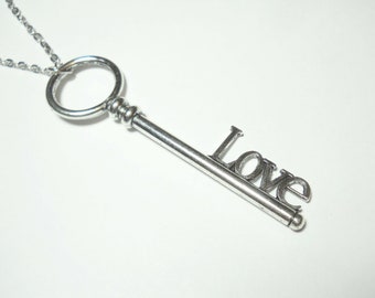 Large Love Key Pendant, Antique Silver Tone, Women's Necklace, Antique Silver Tone Chain