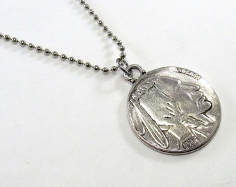 Indian Head / Buffalo Coin Pendant, Antique Silver Tone, Men's Necklace, Women's Necklace, Antique Silver Tone Alloy Chain