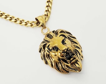 Gold Tone Stainless Steel Lion Head Pendant, Men's Necklace, Stainless Steel Hypo Allergenic Pendant, Men's Necklace, Woman's Necklace