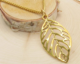 Collier avec pendentif feuille en or jaune, collier pour femme, collier pour homme, collier avec pendentif feuille de nature, cadeau pour femme, bijoux pour femme