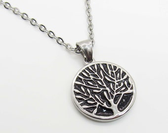 Stainless Steel Round Tree Pendant Necklace, Hypo Allergenic Jewelry, Antique Silver Tree Pendant Men's Necklace, Woman's Necklace