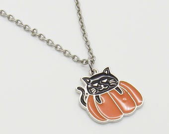 Halloween Pumpkin Black Cat Charm Necklace, Halloween Jewelry, Seasonal Autumn Jewelry, Trick or Treat Charms, Halloween Costume Jewelry