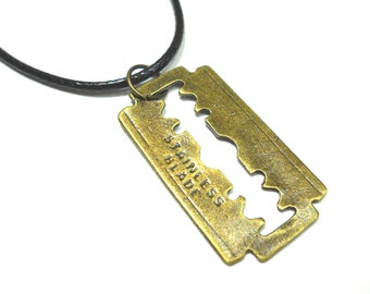 Razor Blade Antique Bronze Tone Pendant Necklace, Men's Necklace, Urban Street Fashion Jewelry, Edgy Jewelry, Women's Necklace