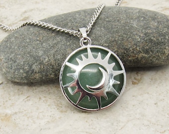 Sun & Moon with Green Aventurine Pendant Necklace, Men's Gemstone Necklace, Aventurine Pendant Necklace, Women's Necklace, Celestial Jewelry