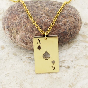 Edelstahl Gold Ace of Spades Charm Anhänger, Halskette für Männer, Allergiker Schmuck, Halskette für Frauen, Spielkarte Charm Anhänger