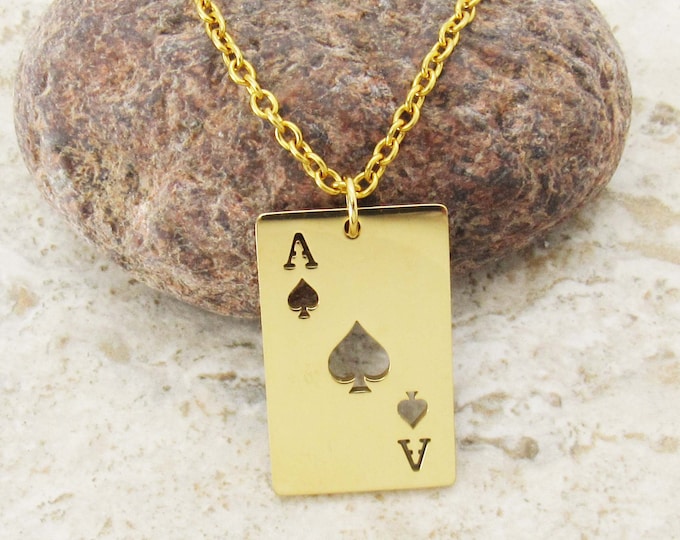 Featured listing image: Stainless Steel Gold Ace of Spades Charm Pendant, Men's Necklace, Hypo Allergenic Jewelry, Woman's Necklace, Playing Card Charm Pendant