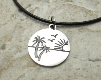Stainless Steel Etched Palm Trees Beach Charm Pendant Necklace, Men's Necklace, Hypo Allergenic Jewelry, Woman's Necklace, Beach Jewelry