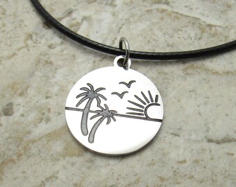 Stainless Steel Etched Palm Trees Beach Charm Pendant Necklace, Men's Necklace, Hypo Allergenic Jewelry, Woman's Necklace, Beach Jewelry