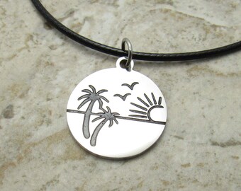 Stainless Steel Etched Palm Trees Beach Charm Pendant Necklace, Men's Necklace, Hypo Allergenic Jewelry, Woman's Necklace, Beach Jewelry