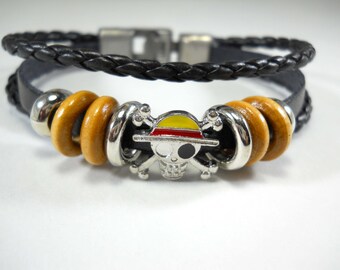 Black Leather Multi Layer Bracelet 8", Hook Clasp, Antique Silver and Wood Beads, Enamel Skull, Men's Bracelet, Men's Jewelry, Men's Gift