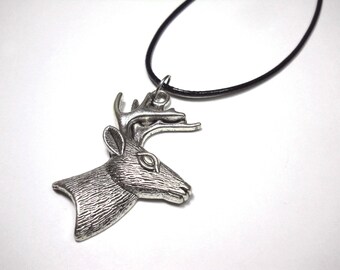 Deer Head Pendant, Antique Silver Tone, Men's Necklace, Women's Necklace, Black/Brown Faux Leather Cord or Black/Brown Suede Cord Necklace