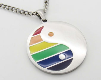Rainbow Stripe Yin Yang Stainless Steel Pendant Necklace, Pride Jewelry, Hypo Allergenic Jewelry, Men's Jewelry, Woman Necklace, LGBTQ