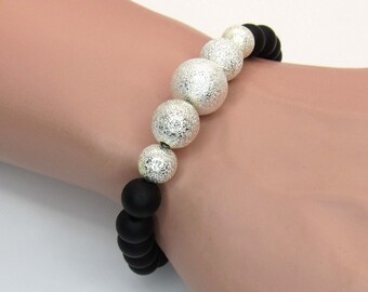 Black Stone Frosted Beads Silver Plated Textured Beads Bracelet, Frosted Satin Finish, Men's Bracelet, Men's Jewelry, Women's Bracelet