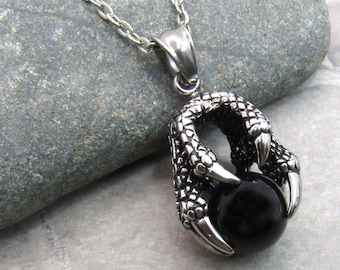 Stainless Steel Eagle Claw Pendant, Men's Necklace, Hypo Allergenic Jewelry, Black Rhinestone Bead, Men's Jewelry, Woman Necklace