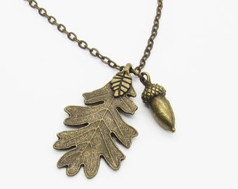 Antique Bronze Oak Leaf with Acorn Pendant, Autumn Leaf Necklace, Men's Necklace, Women's Necklace, Nature Leaf Necklace, Seasonal Jewelry