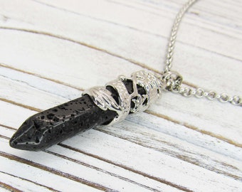 Lava Rock Gemstone Pendant Necklace, Stainless Steel Dragon Wrap Detail, Men's Necklace, Volcanic Rock Dragon Wrap Pendant, Woman's Necklace