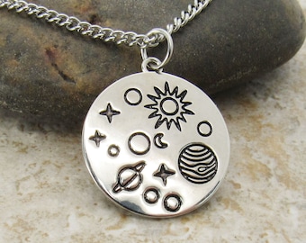 Platinum Plated Solar System Charm Pendant Necklace, Men's Necklace, Celestial Jewelry, Woman's Necklace, Men's Charm Pendant Jewelry