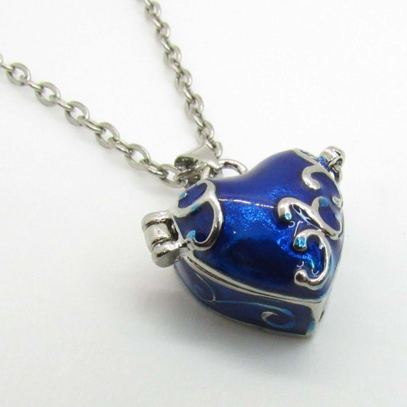 Indigo Blue Heart Wish Box With Hinged Lid Brass With Enamel