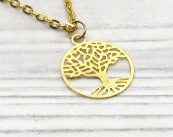 Gold Toned Tree of Life Pendant, Nature Jewelry, Men's Necklace, Men's Jewelry, Chakra Jewelry, Family Tree Charm, Women's Necklace
